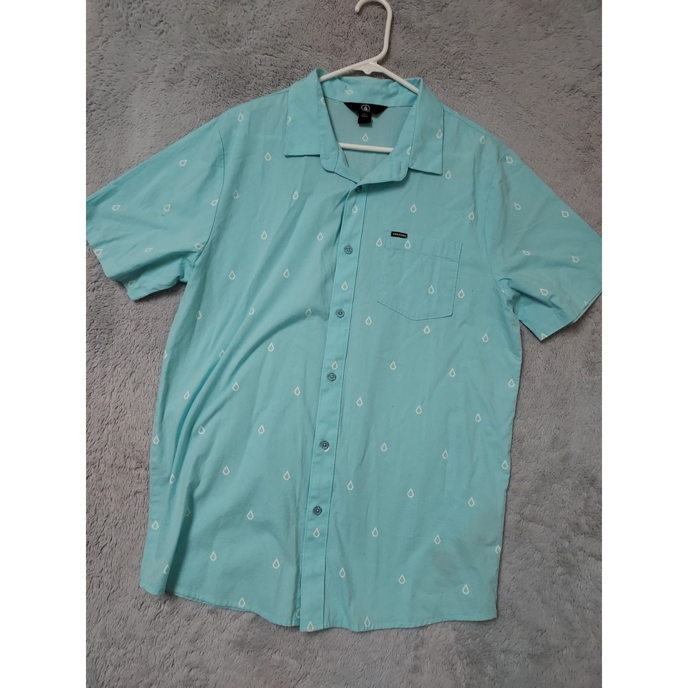 Volcom Shirt Men Large Short Sleeve Button Down Teardrop Print Blue Surfer SPOTS